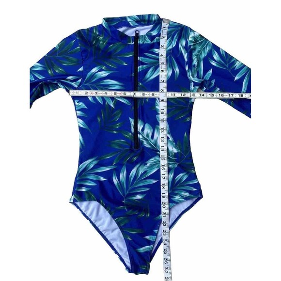 Shein Swim Tropical Print Zipper Front High Neck One Piece Blue swimsuit Size S - Picture 12 of 12
